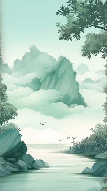 小清新翠绿简约山水画