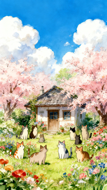 樱花屋猫咪花园水彩画