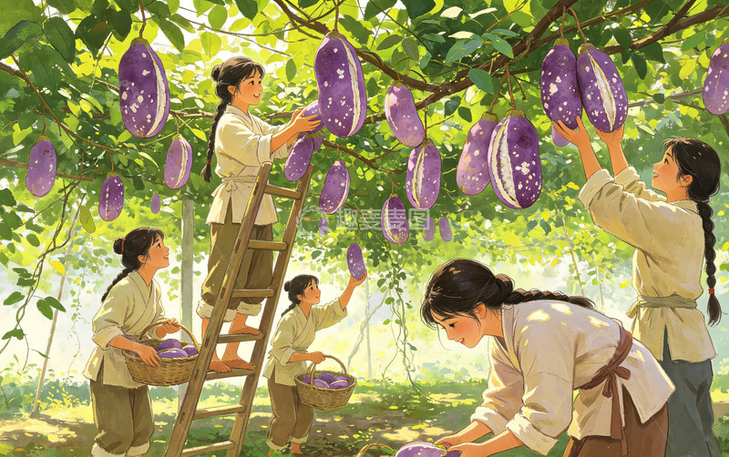 高清大图下载【趣麦麦图】田园八月瓜丰收茄子采摘插画