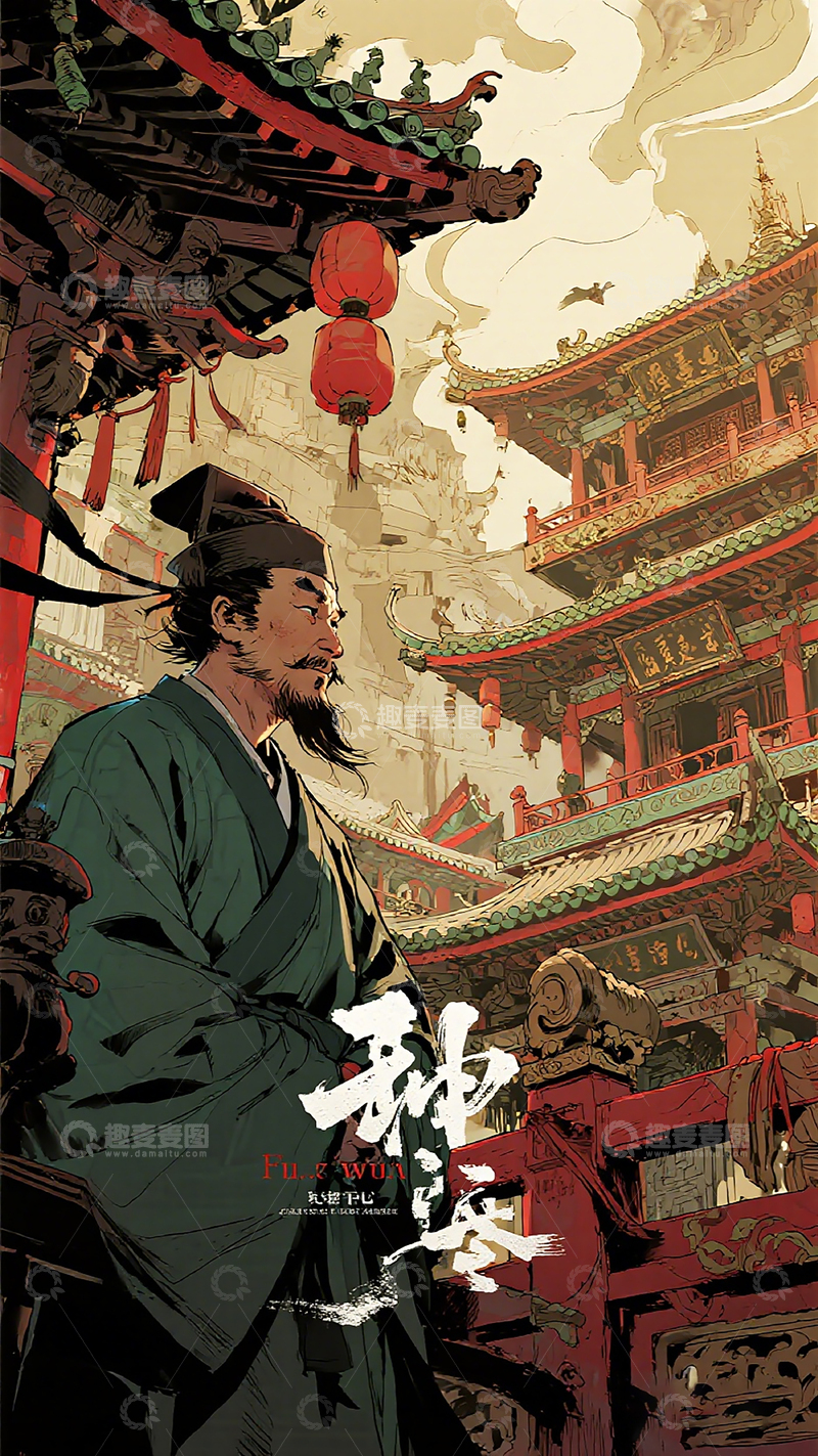 高清大图下载【趣麦麦图】-古风人物建筑插画
