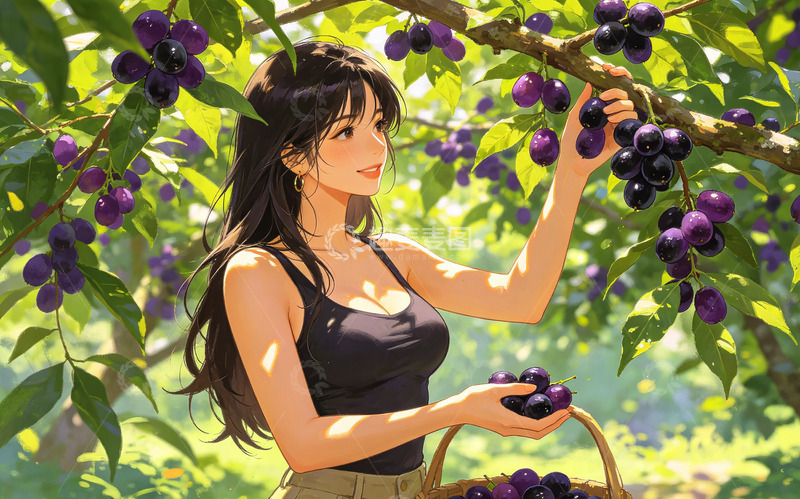 高清大图下载【趣麦麦图】夏日果园采摘李子插画素材