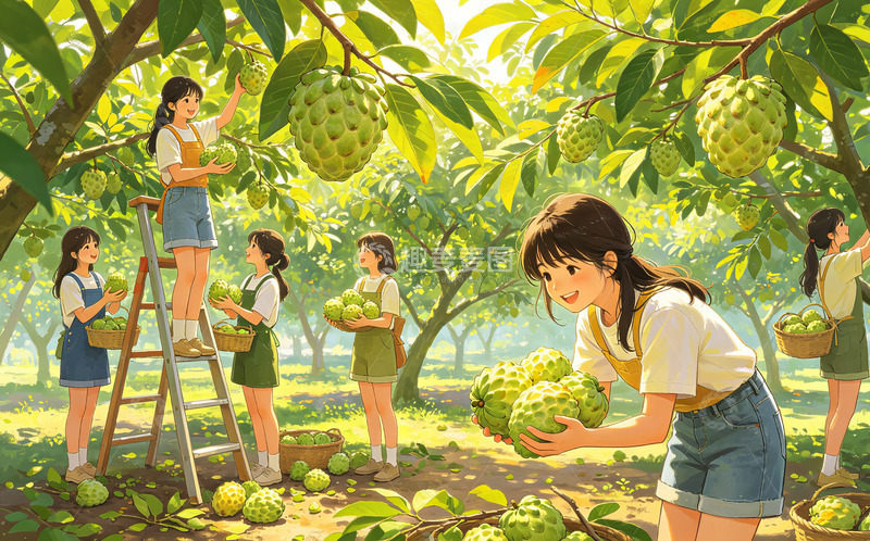 高清大图下载【趣麦麦图】果园采摘释迦果少女插画