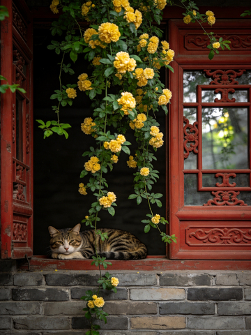 砖墙红色雕花窗棂旁