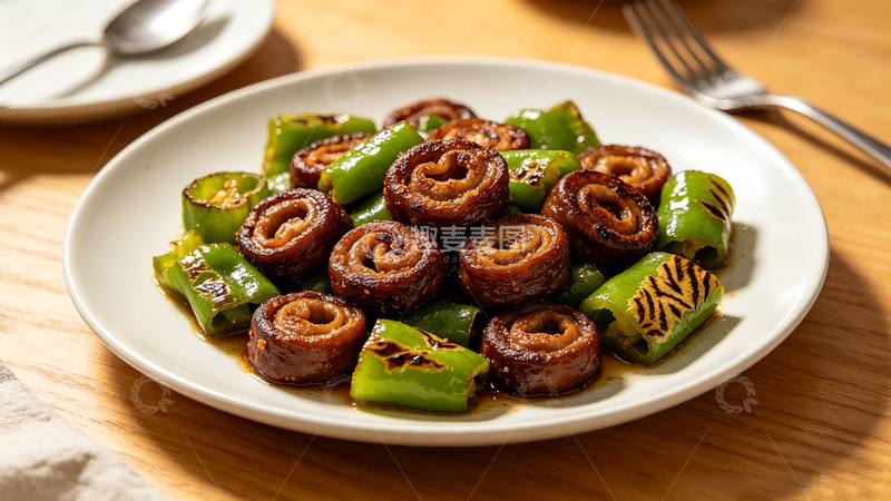 高清大图下载【趣麦麦图】-青椒炒鱿鱼美食摄影