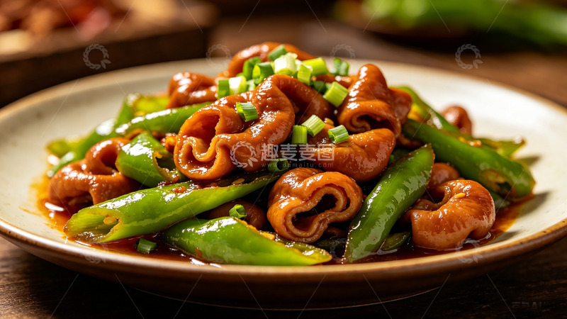 高清大图下载【趣麦麦图】-家常炒菜猪肠青椒美味盘装
