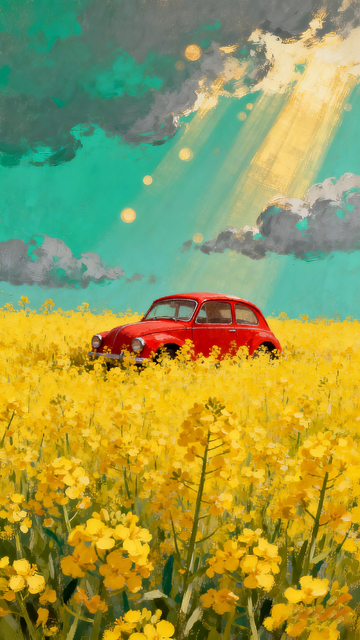 红色汽车油菜花田风景画