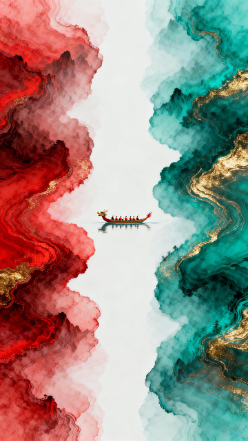 抽象水墨风龙舟竞争艺术海报