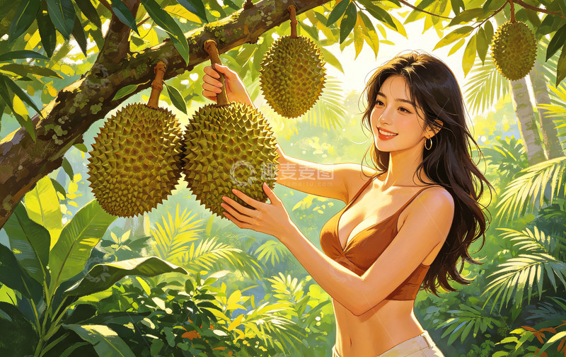高清大图下载【趣麦麦图】热带风情美女榴莲插画