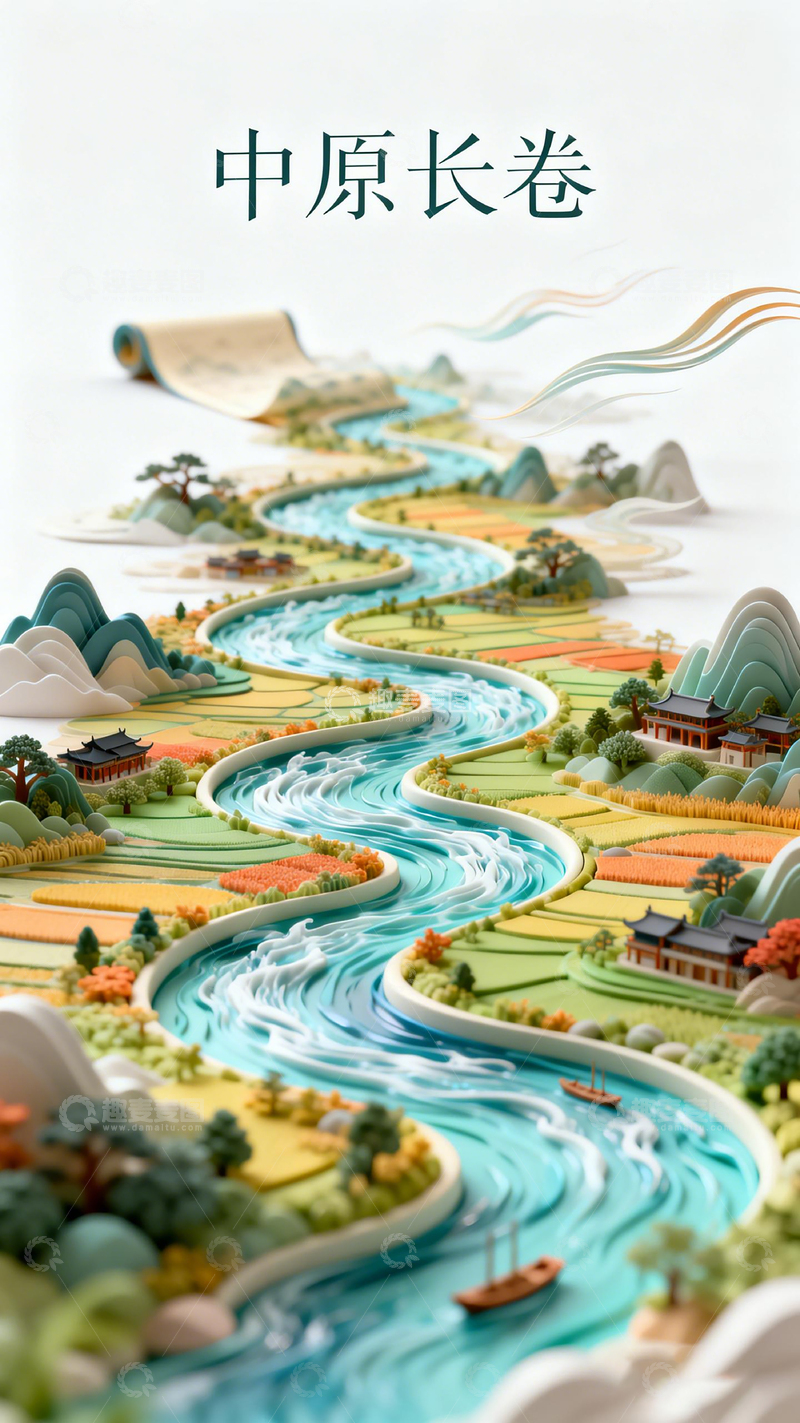 高清大图下载【趣麦麦图】中原山水长卷艺术插画