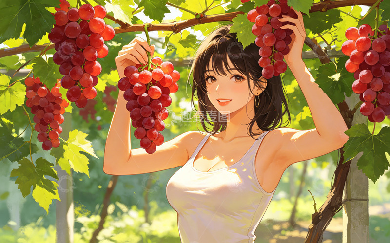 高清大图下载【趣麦麦图】-动漫风葡萄园少女采摘插画