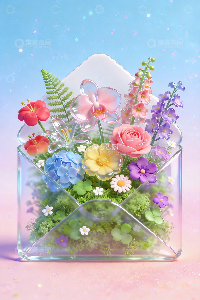 高清大图下载【趣麦麦图】3d风格一个装满鲜花的透明信封