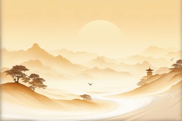 手绘金色的山林湖泊背景