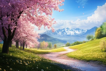春季桃树道路自然美景