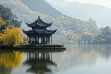 湖泊凉亭自然美景