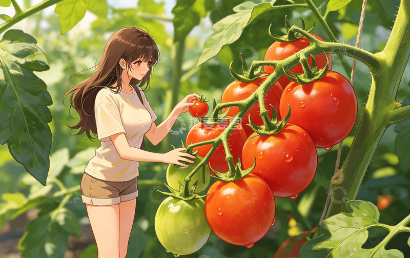 高清大图下载【趣麦麦图】田园风少女采摘番茄插画