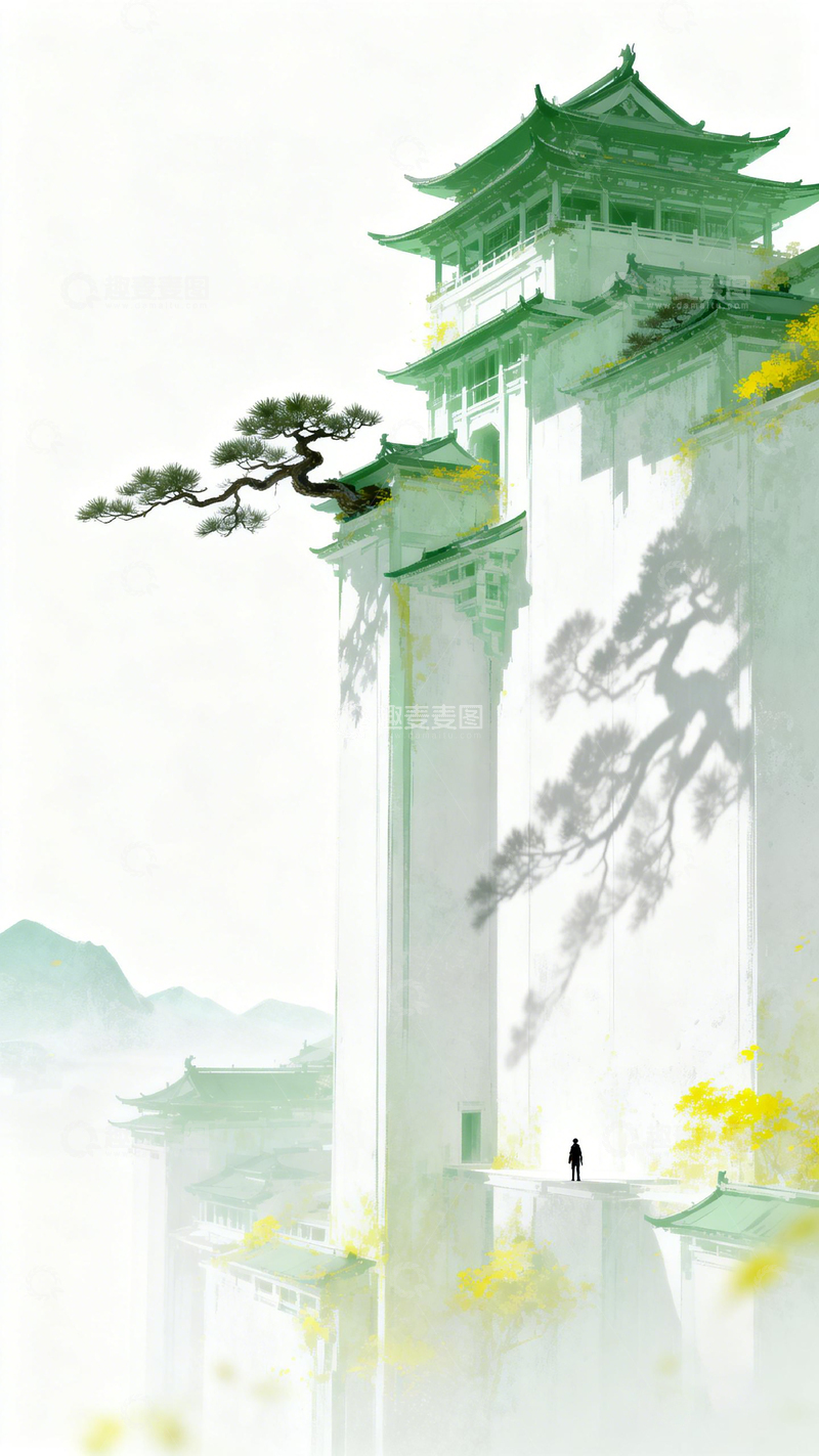 高清大图下载【趣麦麦图】-古风建筑山水画意境插画