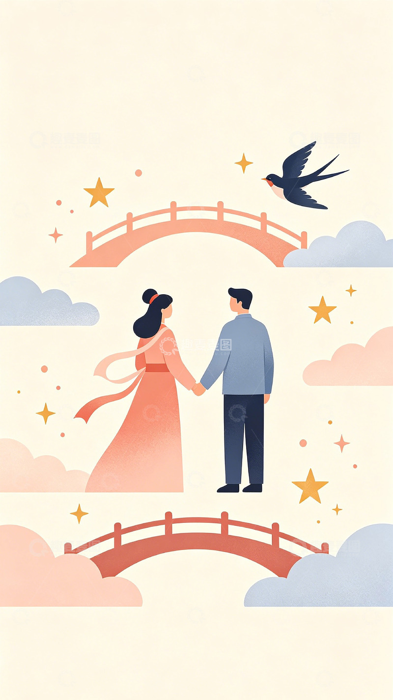 高清大图下载【趣麦麦图】-浪漫桥边情侣插画