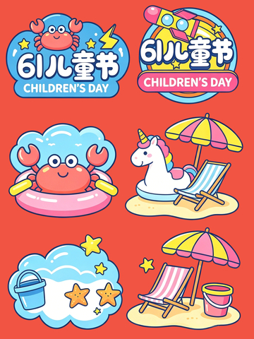 卡通儿童节海滩元素贴纸设计素材