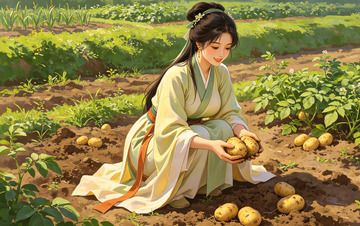 田园古风女子采摘土豆