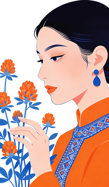 橙蓝撞色东方美人杂志高定插画