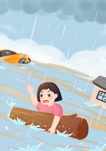暴雨中女孩抱原木求生插画