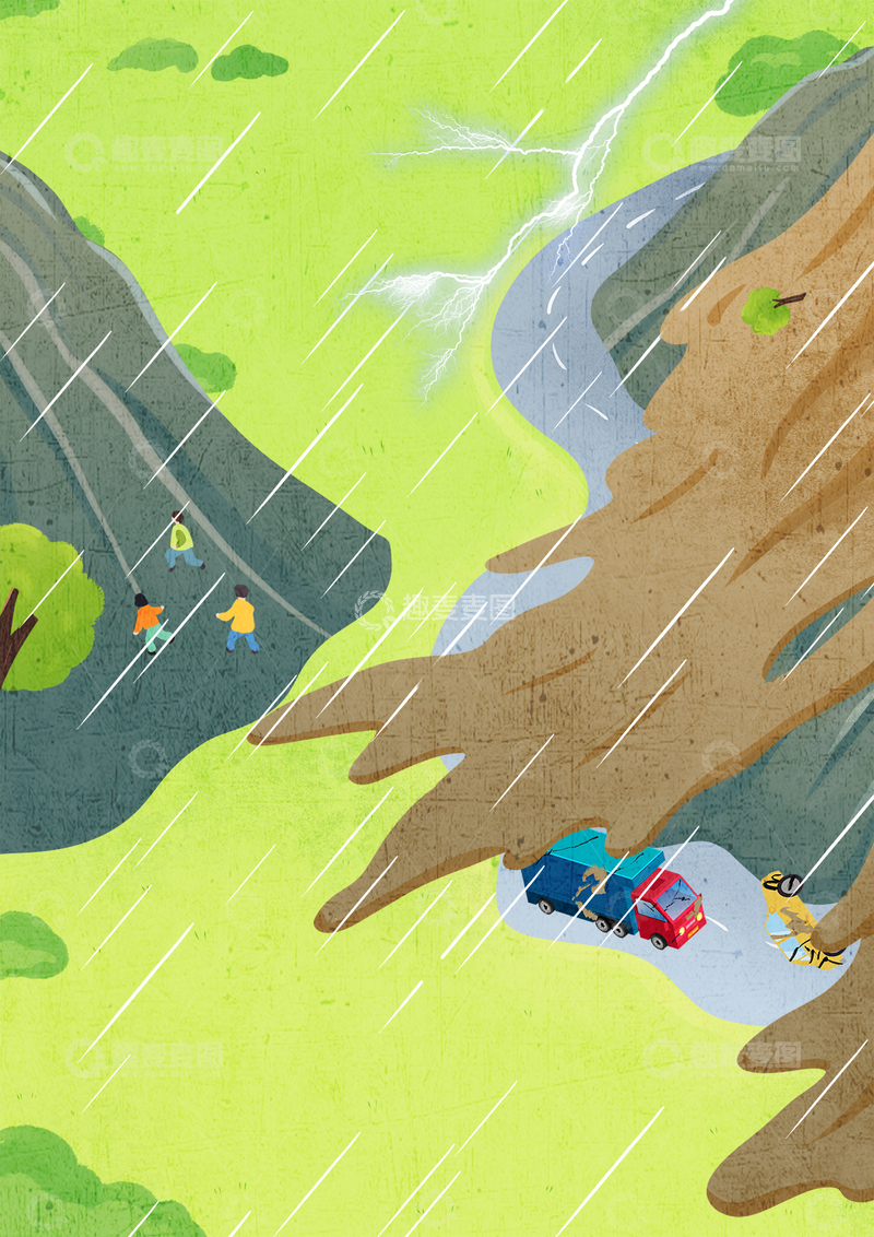 源文件下载【趣麦麦图】-救援雨中的山间车辆与行人插画