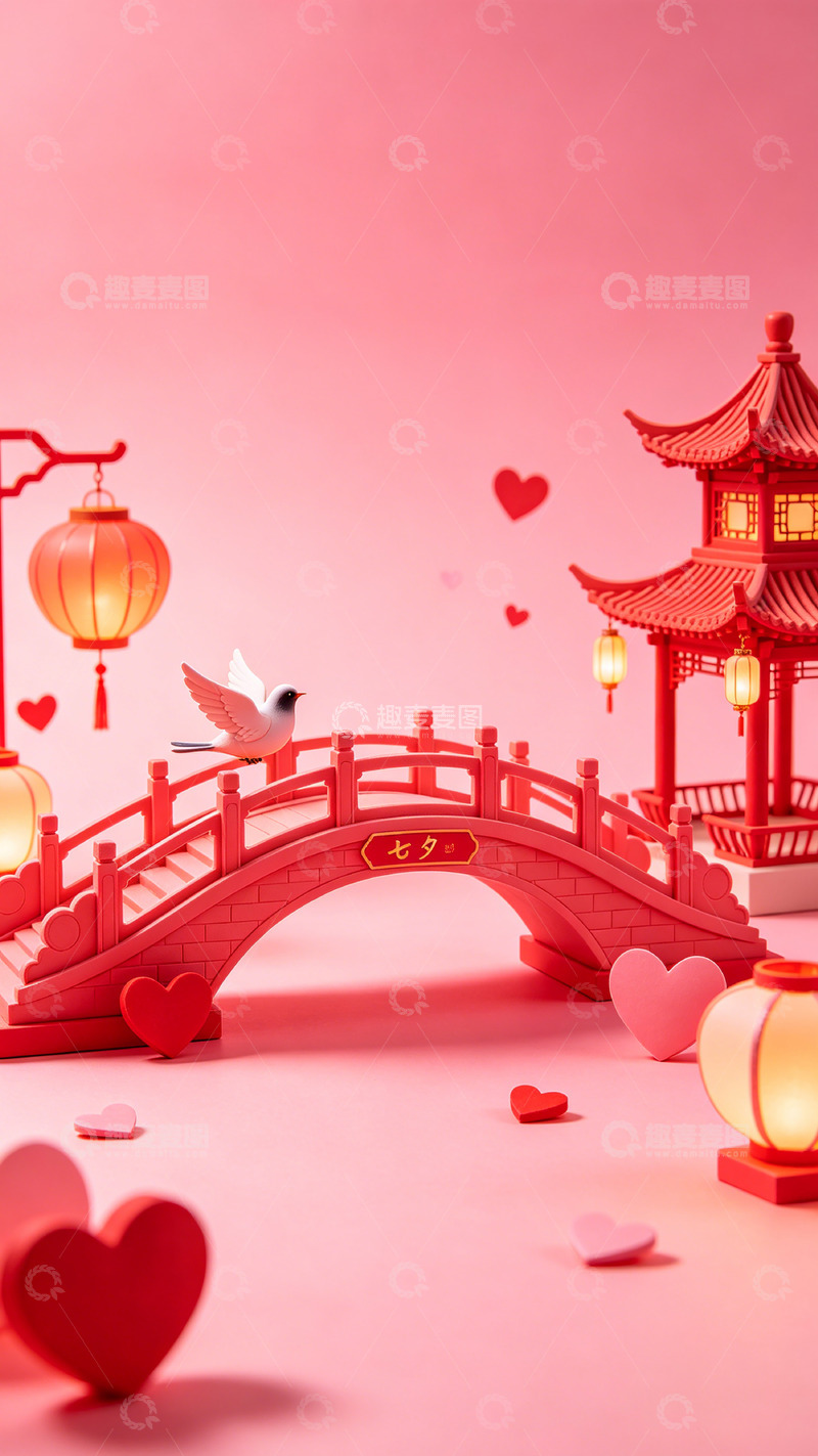 高清大图下载【趣麦麦图】-红色中国风七夕节场景设计