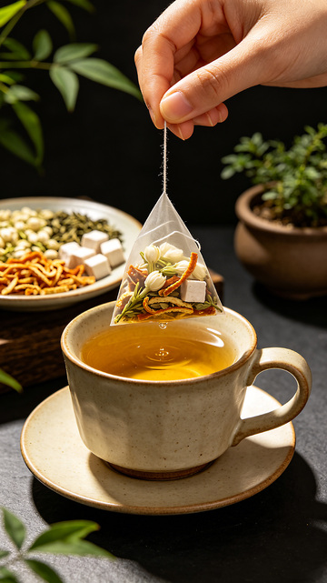 杯中装的一个三角茶包