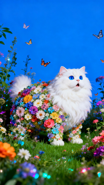 梦幻花园白猫蝴蝶插画
