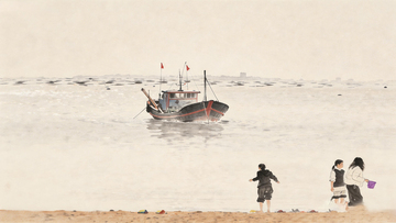 湄洲岛海滩渔船赶海人水墨画