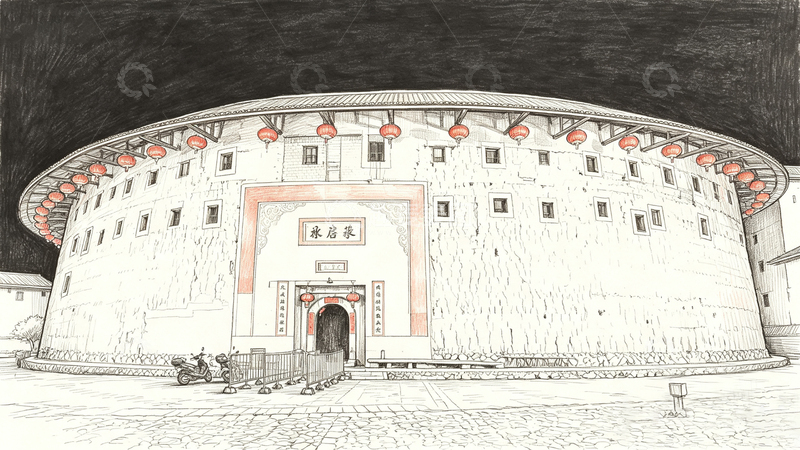高清大图下载【趣麦麦图】素描福建永定土楼王土楼建筑艺术