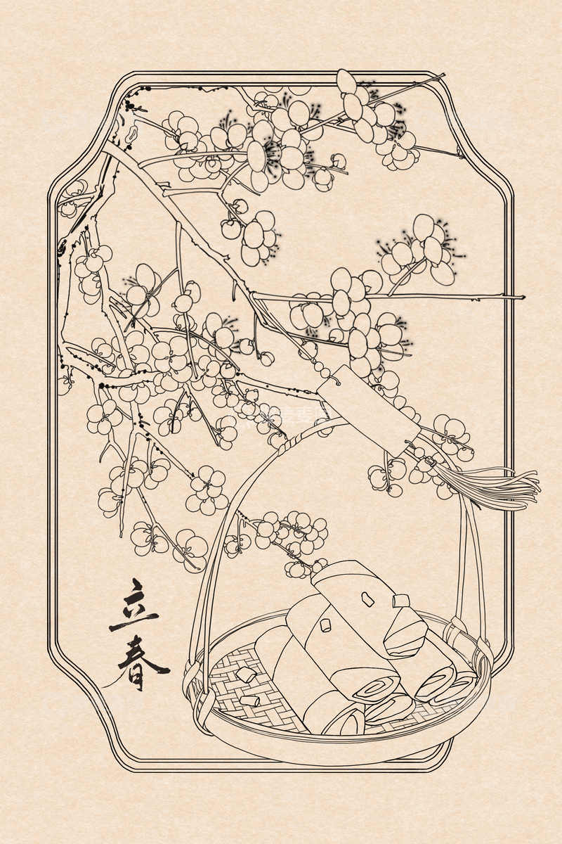 源文件下载【趣麦麦图】线描风格立春梅花春卷篮子插画