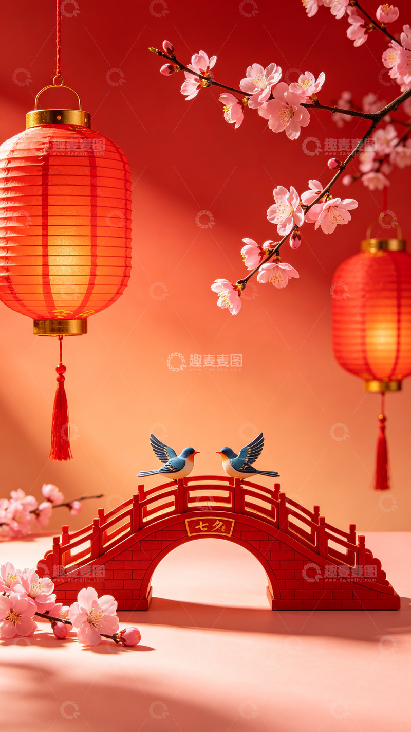 高清大图下载【趣麦麦图】新春佳节喜气灯笼梅花桥景