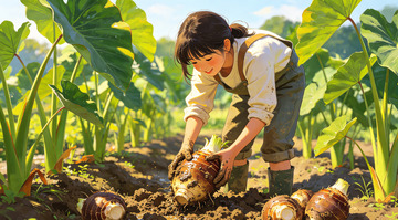 田园风光少女挖芋头插画素材