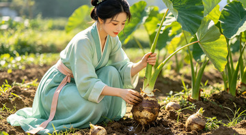 古风女子田园劳作拔芋头