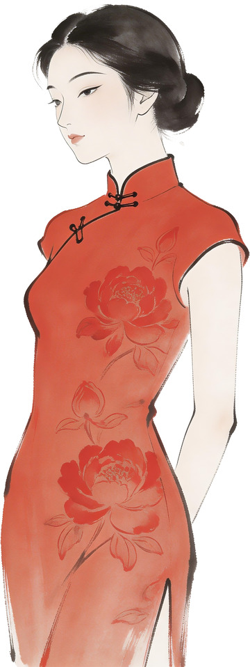 工笔画免抠红色旗袍美人2