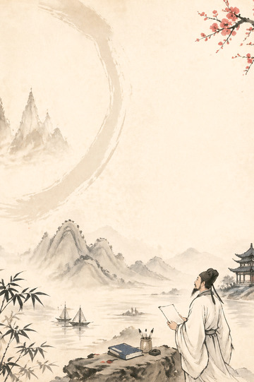 古风水墨山水画人物风景插画背景图