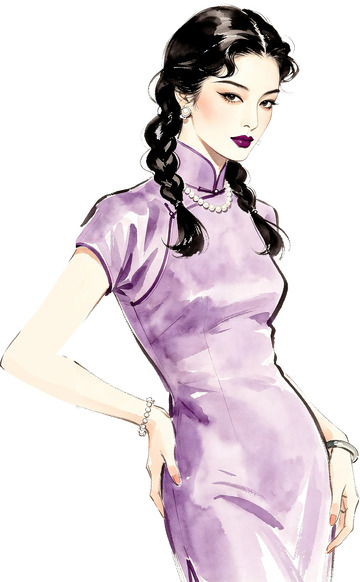 双马尾麻花辫紫色旗袍女子人像速写1