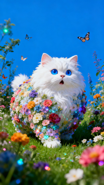 梦幻花园白猫蝴蝶插画