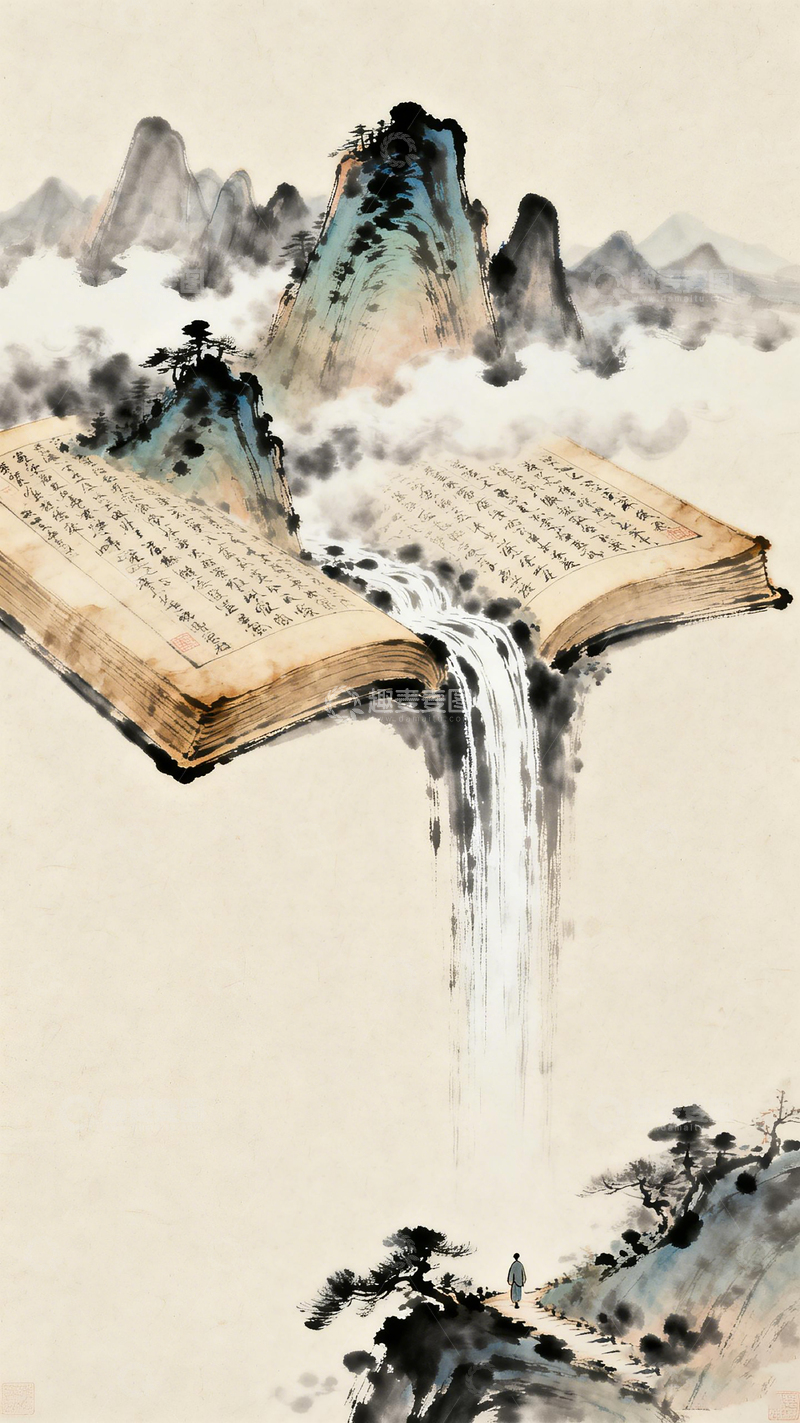 高清大图下载【趣麦麦图】山水画书本瀑布意境艺术画作