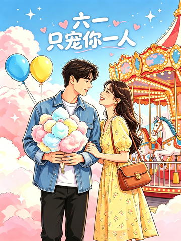 浪漫游乐园情侣六一儿童节插画素材