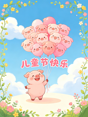 卡通猪儿童节气球插画素材