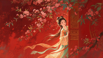 古风女子桃花插画壁纸素材