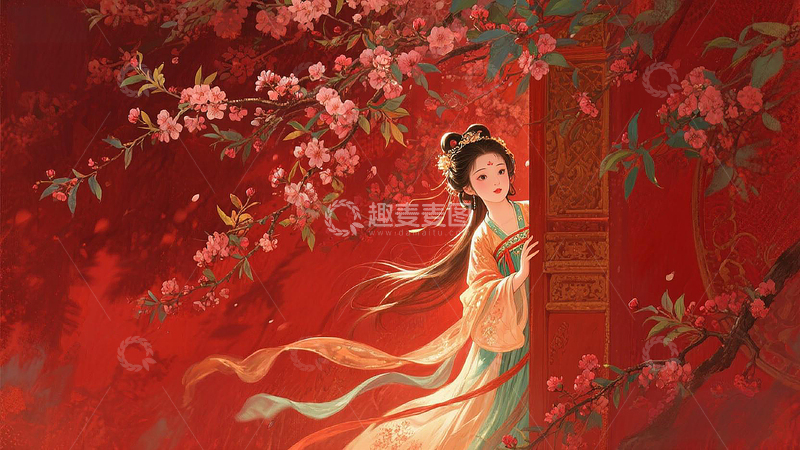 高清大图下载【趣麦麦图】-古风女子桃花插画壁纸素材