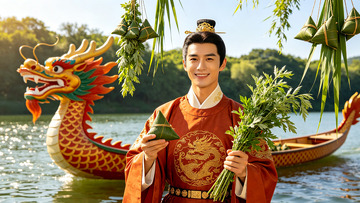 汉服男子端午节粽子龙舟场景