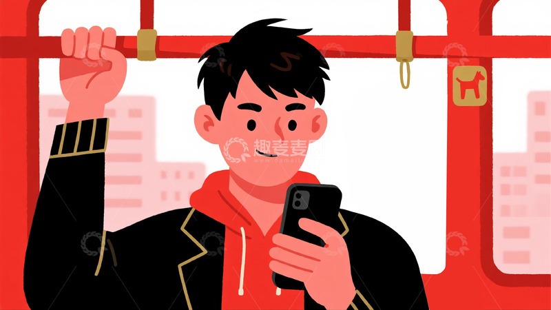 高清大图下载【趣麦麦图】-扁平风格插画年轻人在通勤路上看手机