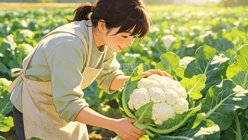 高清大图下载【趣麦麦图】田园风光女性采摘花菜插画风格素材
