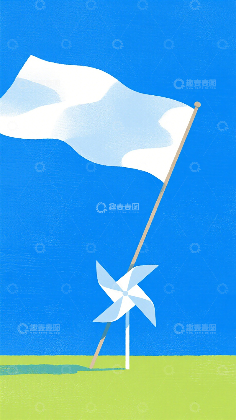 高清大图下载【趣麦麦图】-简约风旗帜风车插画