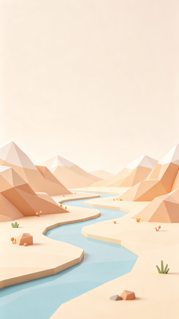 低多边形沙漠河流风景插画