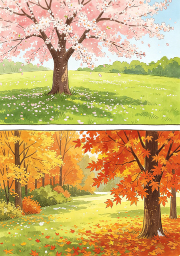 水彩四季森林风光插画
